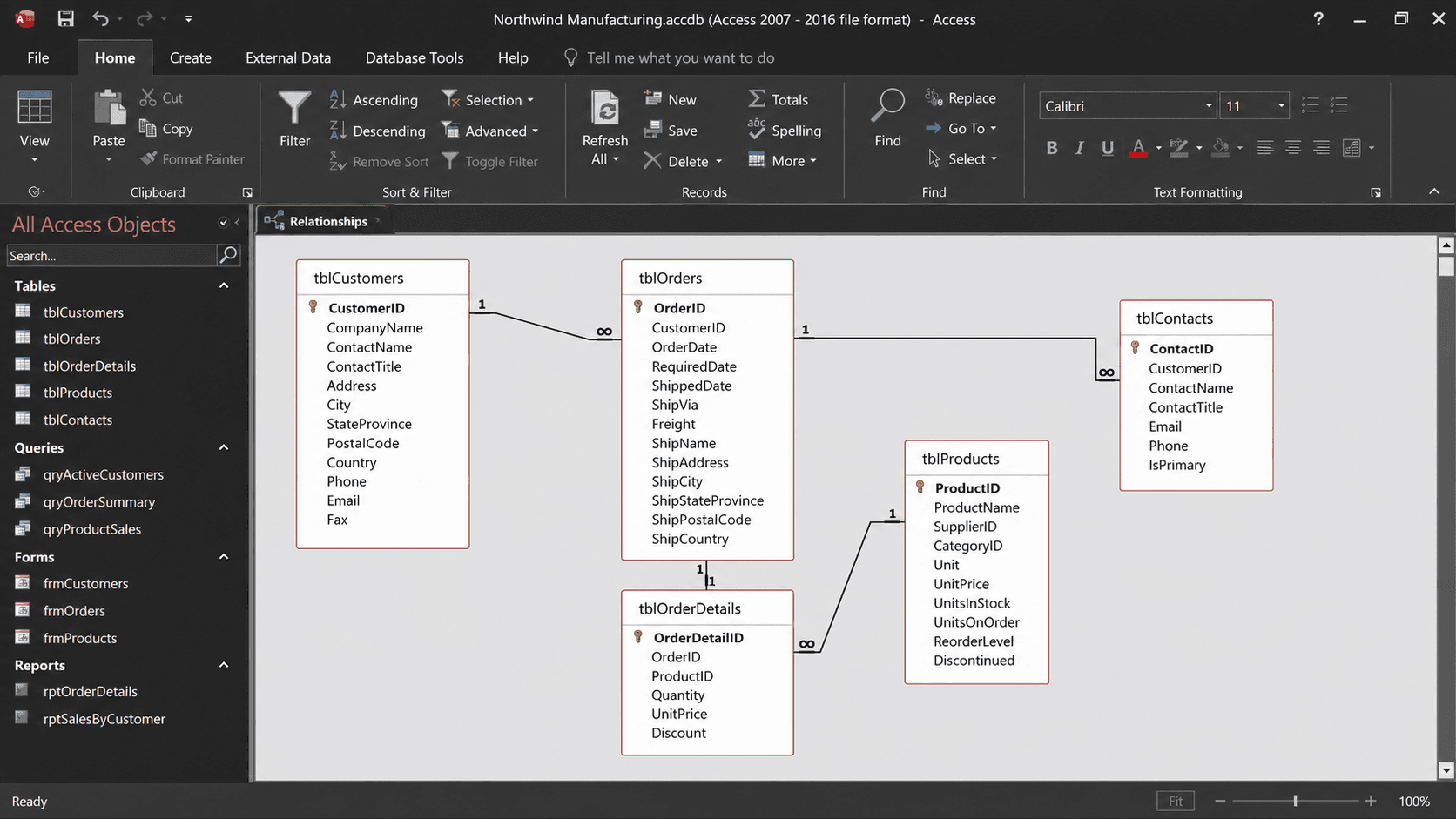 Professional Microsoft Access database schema design with relationships diagram