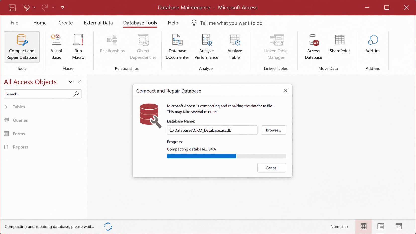 Microsoft Access Compact and Repair Database dialog during database maintenance