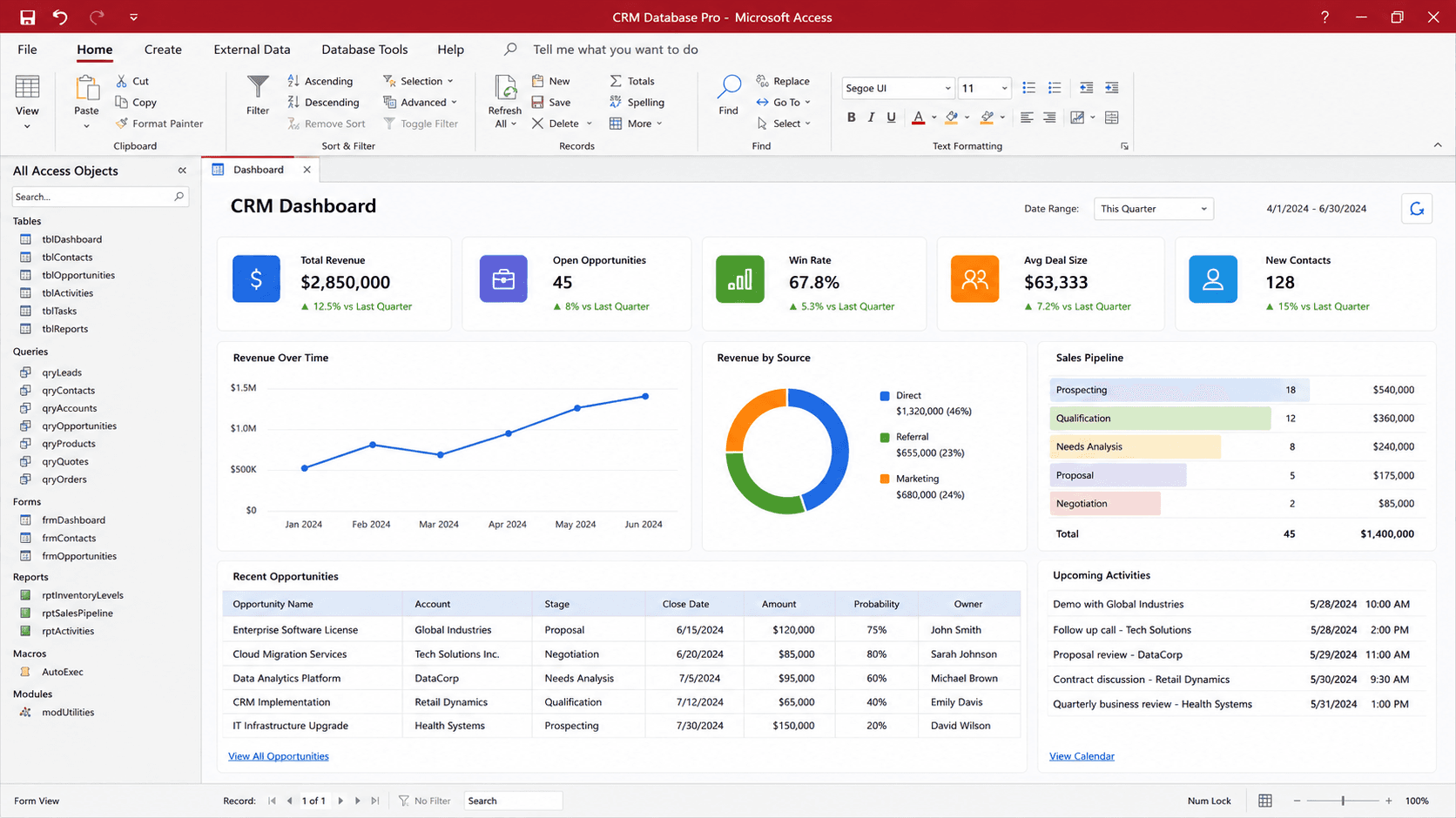 Custom Microsoft Access database application with CRM and job tracking screens