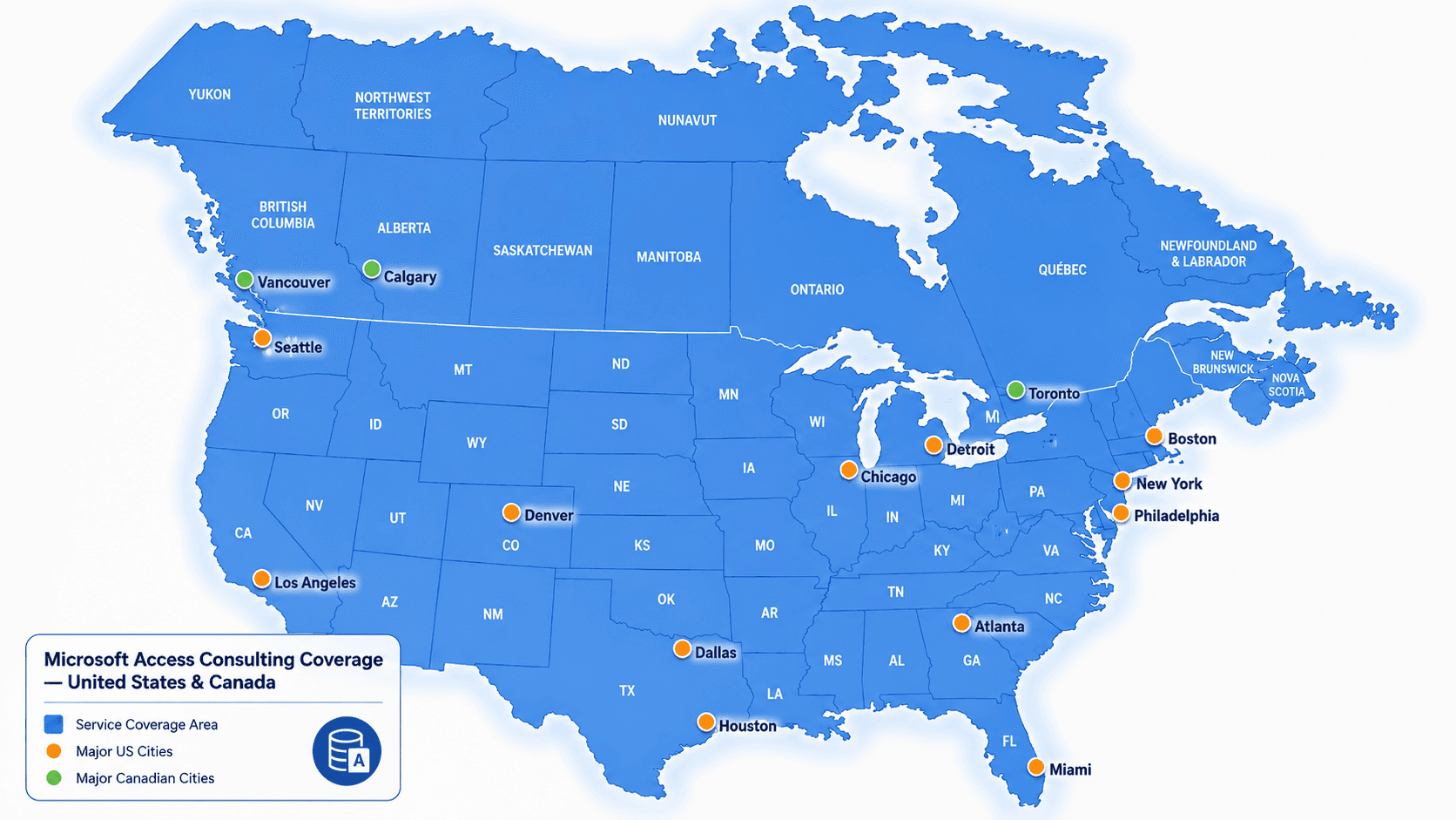 Map showing AccessDeveloper MS Access consulting coverage in United States and Canada