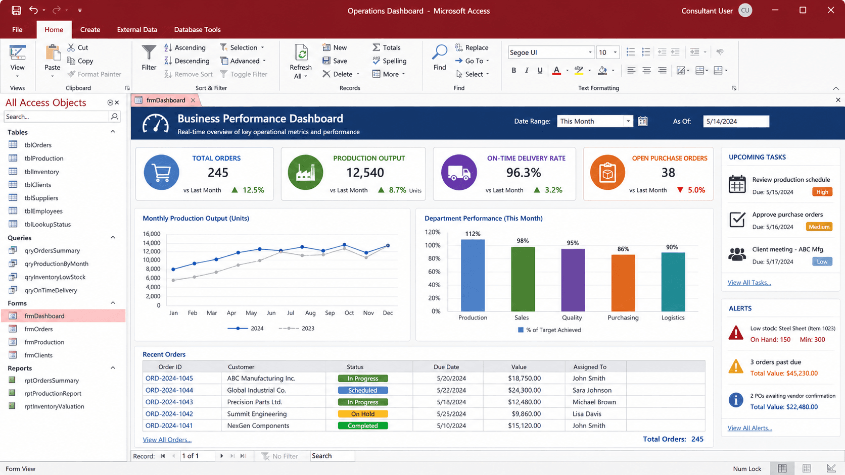 Microsoft Access consultant reviewing custom business dashboard with client