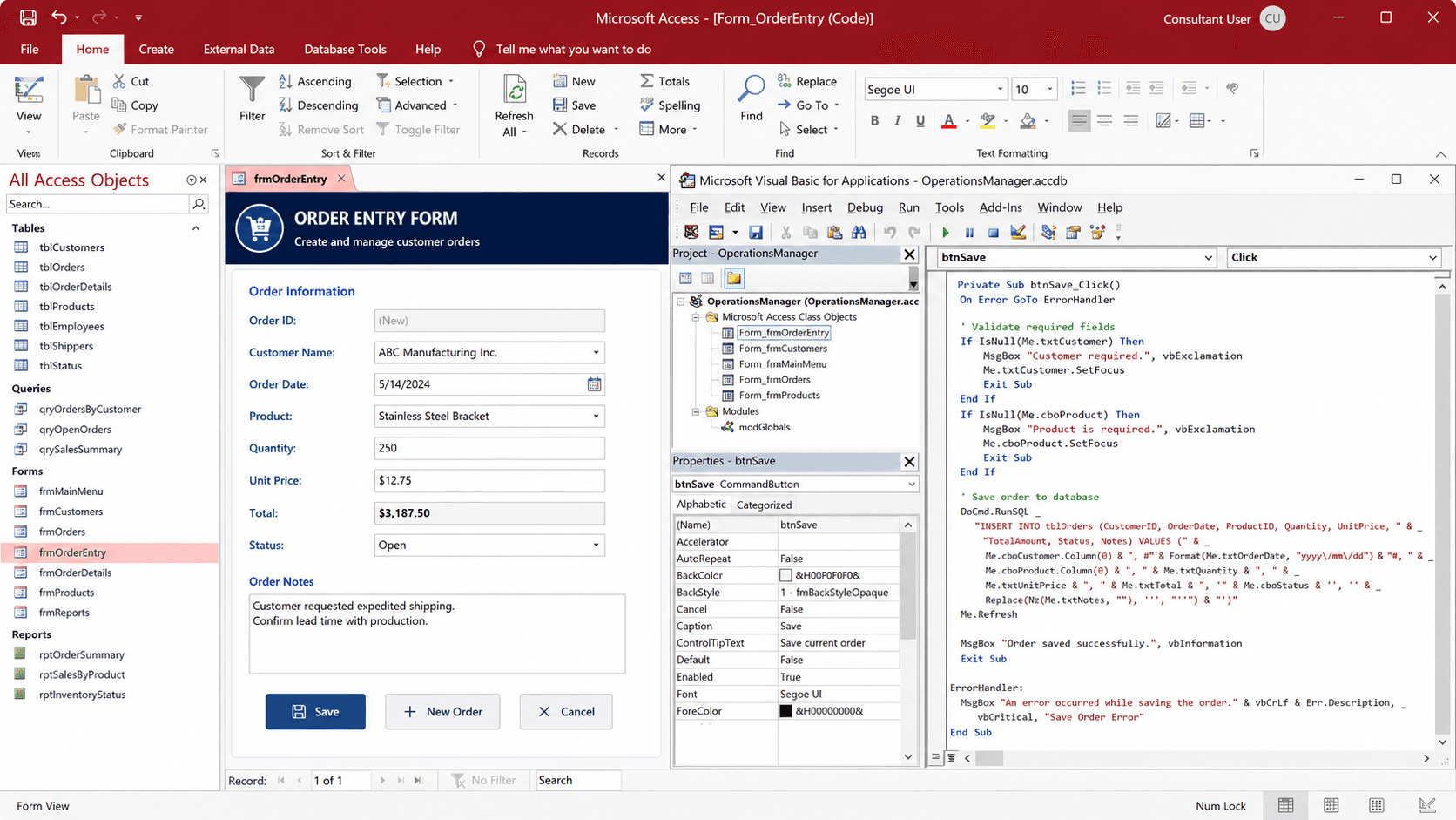Microsoft Access developer VBA code structure alongside custom business form
