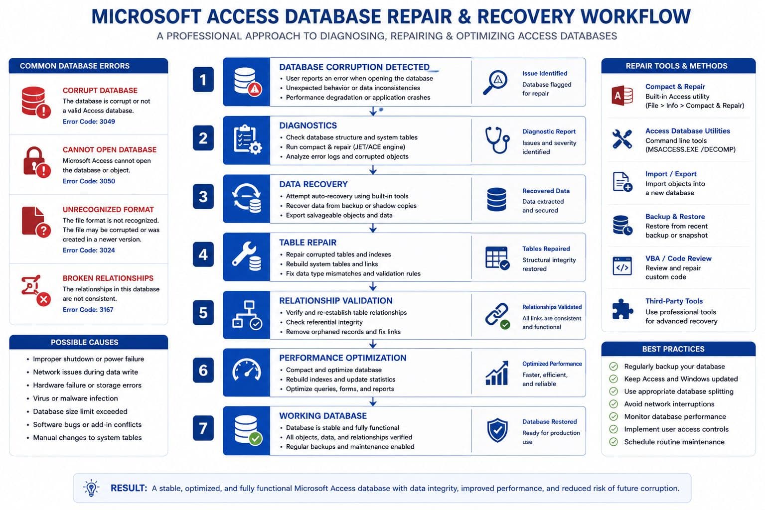 Microsoft Access database repair process from corruption error to successful recovery