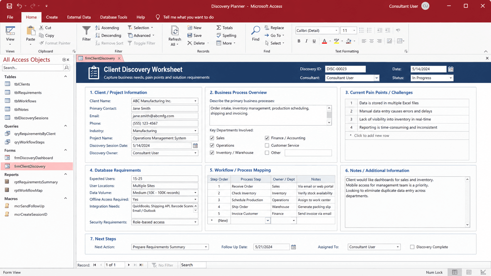MS Access consultant mapping database workflow during client discovery session