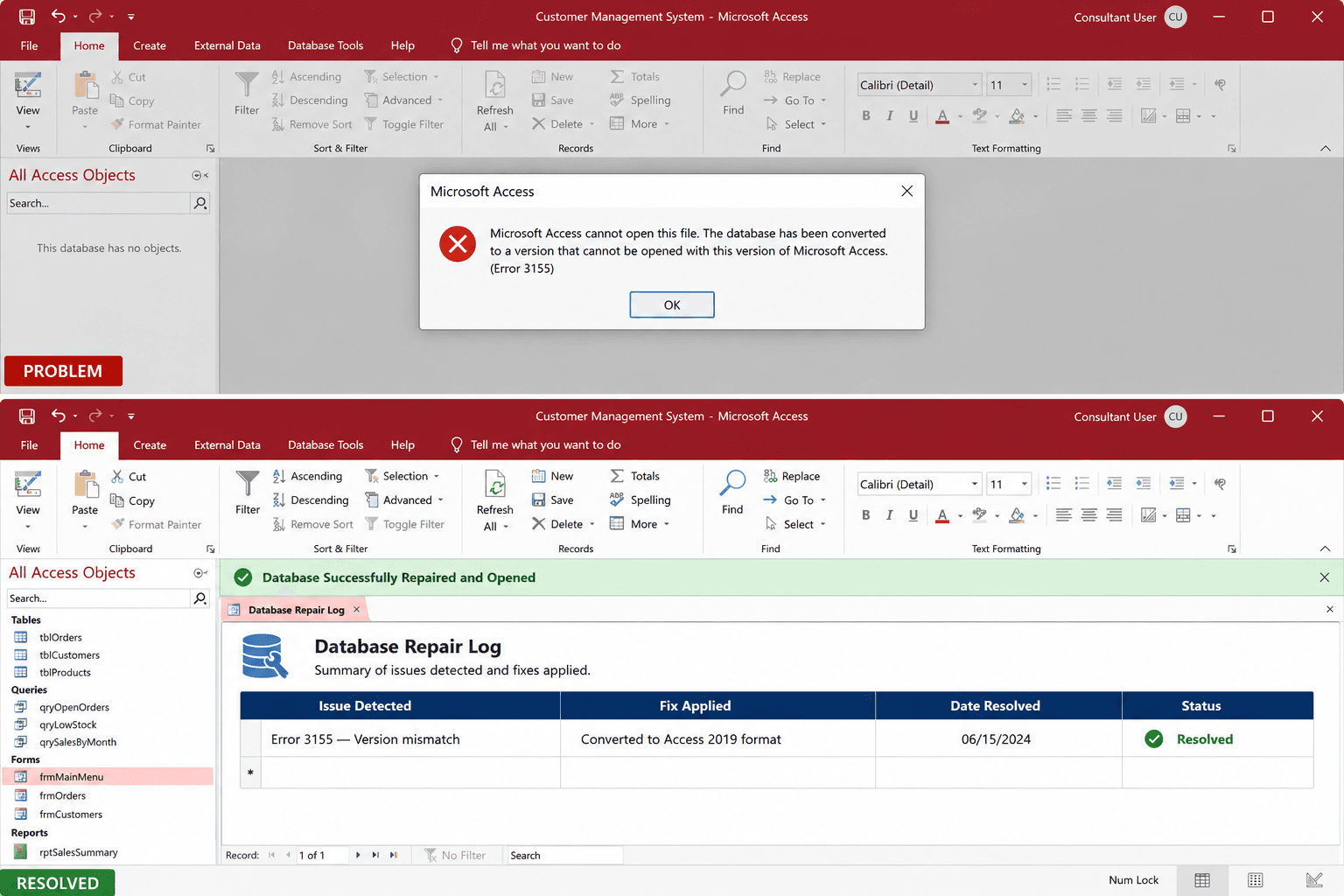 Microsoft Access database not opening error message and successful repair outcome