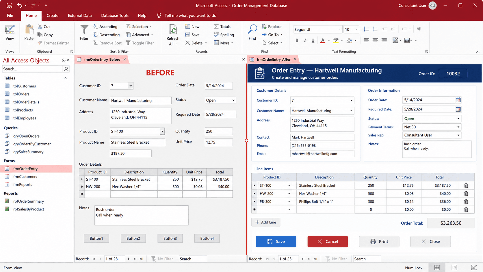 Before and after Microsoft Access form redesign by senior developer