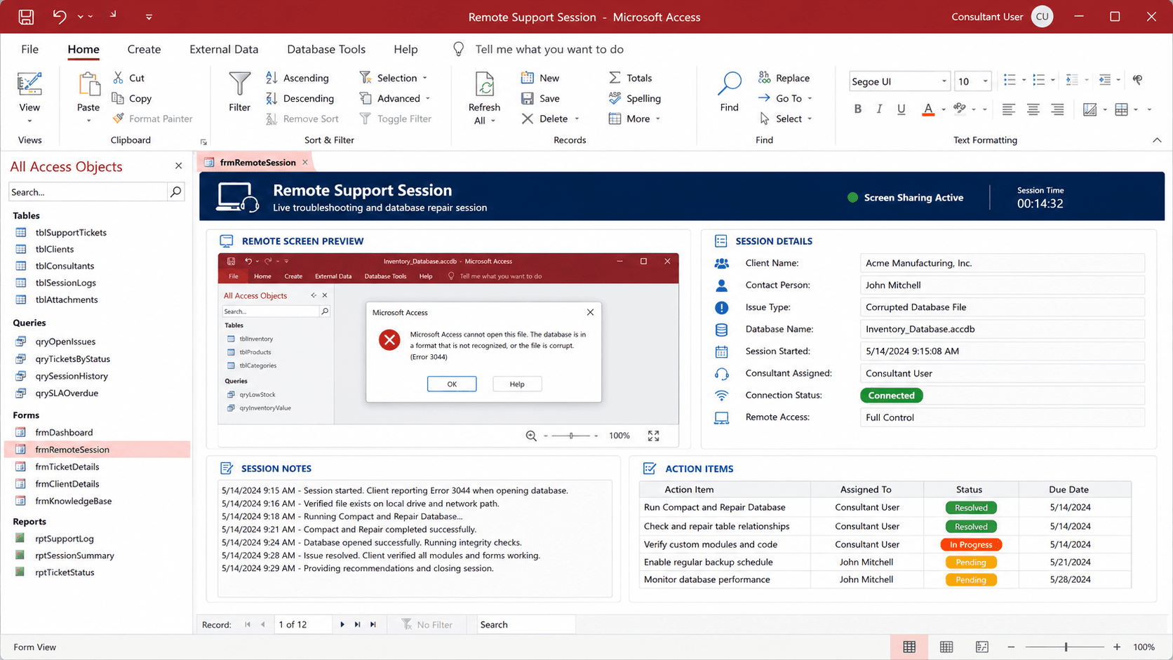 Remote MS Access help session fixing database issue via screen share