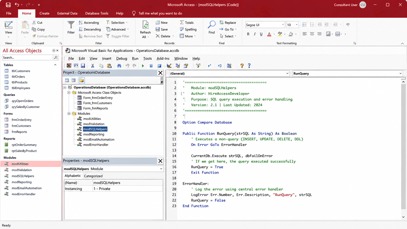 MS Access programmer delivering documented VBA modules and SQL queries