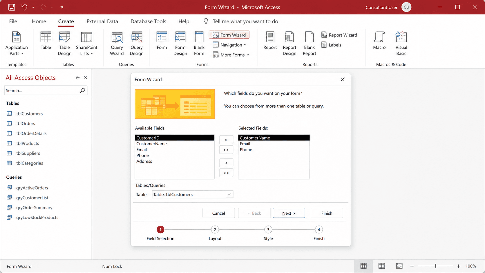 Microsoft Access form creation wizard steps showing field selection and layout