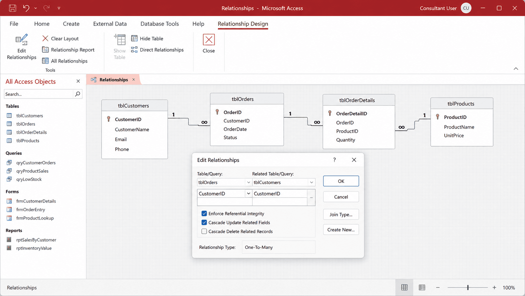 Microsoft Access Relationships window showing linked tables and referential integrity